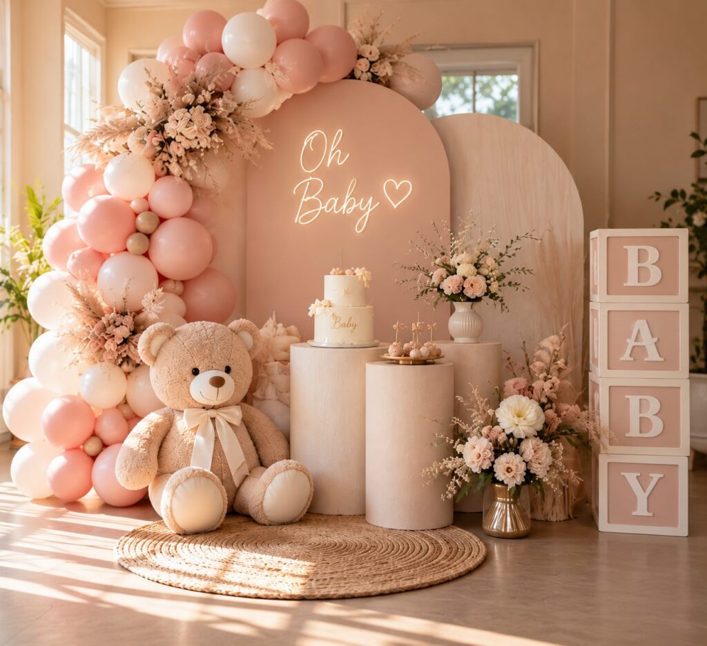 Baby shower organizasyonu: pembe balon kemeri, oyuncak ayı ve Oh Baby yazısı