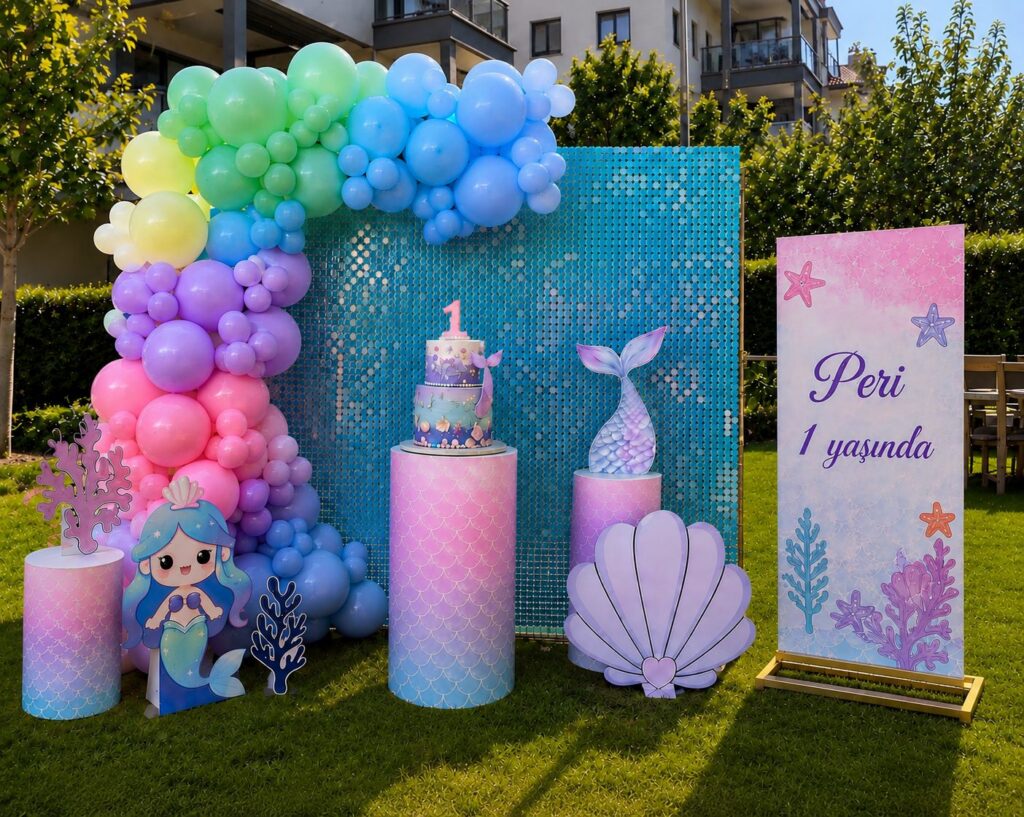 Doğum günü organizasyonu: deniz kızı temalı pastel balon dekorasyonu